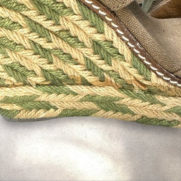 Tory Burch Espadrille Linley Wedge Sandals Brown Canvas with Green/Tan Jute 8M - Picture 14 of 16